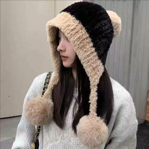 Warm Winter Hat Girl Knit Ear Protection Hat Women Plush Earmuffs Cap Woolen Crochet Bonnet Hood Beanies Winter Plush Headgear