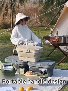 Home2U🏡 Multifunctional Folding Picnic Basket with Tabletop Lid Multi-Functional Foldable Storage Box with Cutting Board