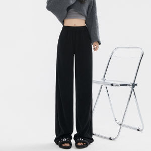 Black High Waist Corduroy Wide Leg Pants Womens Autumn Winter New Style Fleece Lined Straight Casual Pants Commute Style