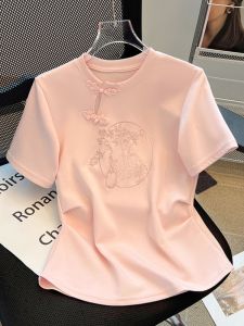 Summer Chinese Style Embroidered Short Sleeve T-Shirt for Women with Button-Up Design Slim Fit Cotton Nylon Crewneck Top