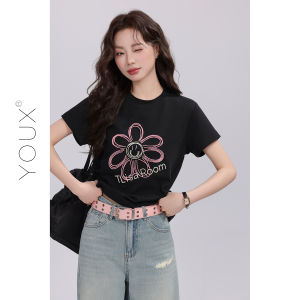 YOUXIANG | Áo Thun Ngắn Tay Trang Trí Hoa