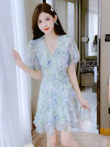 Summer French Style One-Piece Floral Dress For Women New Arrival Soft Elegant Irregular High Waist Chiffon Fairy Dress
