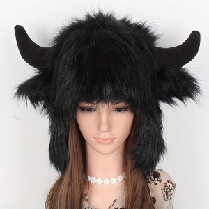 Womens Cow Skull Fisherman Hat with Faux Fur Horns - Winter Warm Ear Protection Beanie Soft Imitation Mink Material women