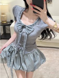 GUZILIAN | Unique Check Bow Blouse and Culotte Shorts Set