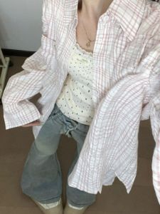 Loose Womens Plaid Shirt Jacket Vintage Japanese Style Pink Checkered Lazy Style Loose Collar Trendy Autumn Winter Outerwear