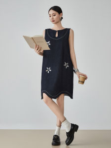 XIAODADEHUA | Retro Diamond Floral Sleeveless Miu-Style Denim Dress