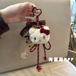 Retro Wine Red Plaid Star KT Bag Charm Miu Style Doll Bookbag Decorative Hanging Chain Fashionable Accessory for Bags