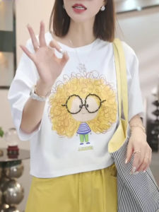 Shalldoer | Casual Fashion Cartoon Girl Print Short Sleeve T-Shirt Womens Summer New Style Slimming Small Size Short Length Top