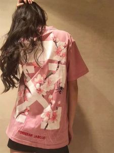 Pink Sakura Short Sleeve T-Shirt Women Summer Loose Fit Printed Butt Covering Mid-Length Street Style round Neck Cotton Top