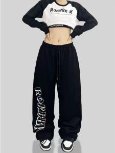 High Waist Straight Leg Jazz Dance Pants Womens Casual Trousers Street Style Hip Hop Sports Wear Black Printed Long Pants