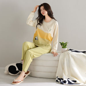 MiiOW | Bộ đồ ngủ cotton nguyên chất Catman dành cho nữ mùa xuân thu dài tay thoải mái mặc nhà quần dài cổ tròn