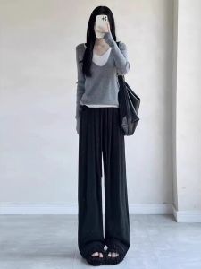 กางเกงขายาวทรงตรงเอวสูงทรงหลวมสำหรับผู้หญิงในฤดูใบไม้ผลิและฤดูใบไม้ร่วง กางเกงขายาวทรงตรงทรงหลวมสบายๆ ทรงหลวม กางเกงขายาวทรงหลวม