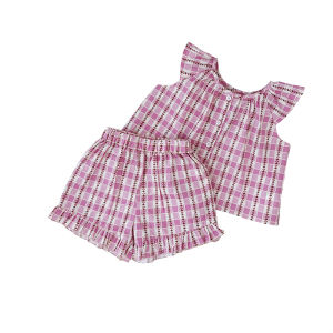 Bear Leader 2025 New Summer Baby Girls Sweet Cute Clothing Set Flower Grid Fly Sleeved Top+ruffled Shorts 2pcs Outfits Kids Casual Wear