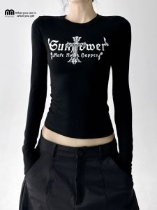 MUYUZI | Round Neck Long Sleeve Womens T-shirt Simplified Stylish Patterned