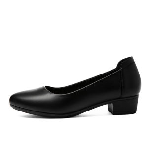 Womens Work Shoes Black Soft Bottom Comfortable Interview Office Shoes Stand for Long Time Not Tired Foot Thick Heel Professional Flat Air Stewardess Leather Shoes