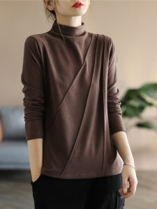 Loose Long Sleeve T-Shirt Womens Base Shirt Slimming Half High Collar Spring Autumn New Style Artistic Pure Color Base Layer Top