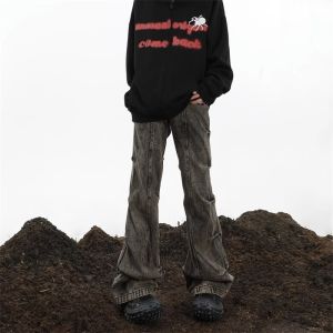 American Style Faded Mud Loose Wide Leg Jeans Mens Bell Bottom Long Trousers Casual Wear Youth Popularity Autumn Fashion