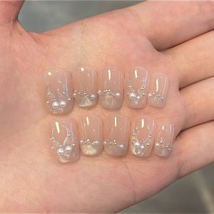 Handmade Wearable Nail Art Ice Grey Pearl French Cat Eye Hand Painted Nail Beauty Nail Patch Stickers Fashionable Nail Extensions