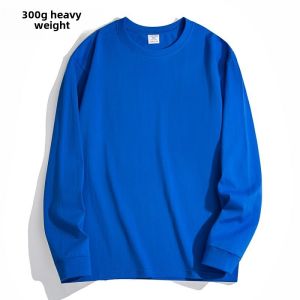 Forest Green 300G Pure Cotton Heavy Weight Spring and Autumn round Neck Long Sleeves T-Shirt Men and Women Pure Color Thick and Opaque Loose Casual Tide
