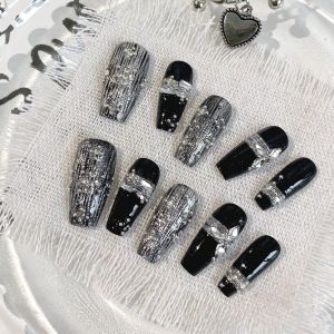 Bộ 10 Móng Tay Giả Hình Quan Tài Thủ Công Trang Trí Sọc Đen Bạc Halloween Dành Cho Nữ Dán Liền Dùng Cho Tiệc Tùng