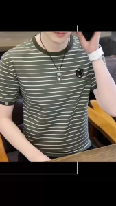 เสื้อยืดผู้ชายคอกลมแขนสั้นลายทางเสื้อแฟชั่นผู้ชายลำลอง