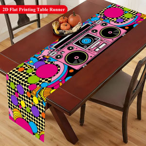 Retro Boombox Table Runner 80s 90s Hip Hop Kpop Neon Radio Table Cloth for Music Party Colorful Vintage Table Decor