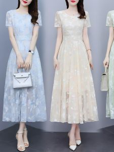 Elegant Long Skirt Short Sleeve Embroidered Floral Shantung Dress Summer New Style Big Hem A-Line Gown Ladylike Commute Wear