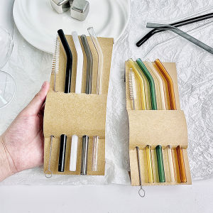 Colorful Transparent Glass Straws Set High Borosilicate Heat Resistant Reusable Milk Tea Cup Curved Drinking Straws 20cm Long