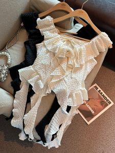 GUZILIAN | French Gentle Style Womens Shirt Summer Sash Design Sensation Slip Dress Top With Stand Flowers And Lace Edge