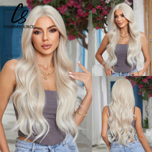 CharmSource 13x6 Lace Synthetic Wig Long Wavy Light Blonde Wigs Women Daily Party Cosplay Wedding High Density Heat Resistant