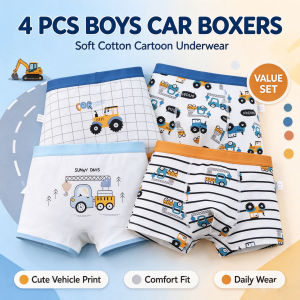 4 PCS Boys Cartoon Car Boxer Briefs Soft Cotton Breathable Underwear with Elastic Waistband for Kids 2-10 Years Old