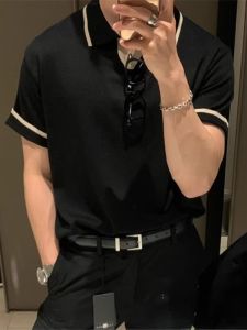 Korean Style Dongdaemun Atmosphere POLO Shirt Mens Simple Sleeve Stripe Design Knitted Ice Silk Cool Feeling Short Sleeve Men
