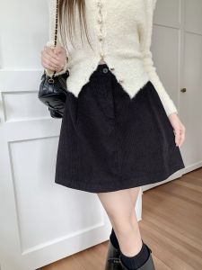 Womens Black Corduroy Skirt Fall and Winter New Arrival Elegant All-Matching A- line Skirt High Waist Umbrella Skirt Retro Skirt