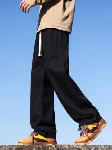 Mens Straight Leg Cotton Trousers Black Casual Fleece Lined Workwear Autumn Winter Sports Pants Breathable Comfortable Durable