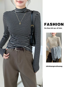 MiiOW | Áo thun dài tay ôm vừa vặn cho nữ mùa thu 2025 Áo sơ mi cổ cao tay dài họa tiết sọc MiiOW Phong cách đơn giản