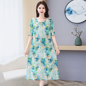 Elegant Cotton Silk Dress 3D Printed Short Sleeve Summer Midi Skirt for Mature Women Comfortable Fit A-Line Silhouette