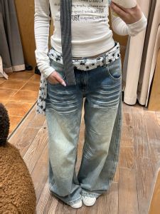 Retro American Washed Low Waist Wide Leg Jeans Womens Spring Summer Loose Slimming Multi-Purpose Denim Pants