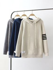 เสื้อสเวตเตอร์ถักแบบสวมหัวมีฮู้ดหนาสำหรับผู้หญิงไซส์ใหญ่ สไตล์วิทยาลัย เสื้อถักแบบสวมหัว แขนยาว ปกติ โพลีเอสเตอร์ 35% คอตตอน 65%