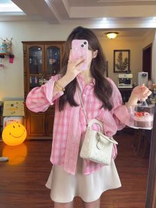 Pink French Stripe Shirt Womens plus Size Conceal Meat Anti-Aging Short Skirt Two-Piece Set Casual Style Long Sleeve Polo Collar