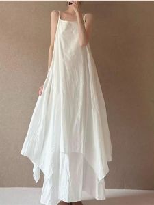 White Cotton Linen Sleeveless Maxi Dress Women Summer Artistic Fairylike Drifting Double Layer Irregular Skirt Free Size Gown