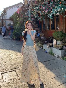 French Style Floral Chiffon A-Line Mini Skirt High Waist Womens Summer 2024 Vintage Slimming Midi Skirt Commute Friendly