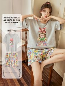 MiiOW | Pure Cotton Nightgown Womens Summer Cool Feeling Short Sleeve Shorts Set Cartoon Home Clothes Sweet Cute Comfortable Breathable