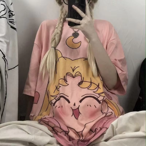 Women T-Shirts Anime Y2k Shirts Gothic Tops 2023 Summer Loose Slit Femme Cotton T-Shirt Print Long Short Sleeve Ladies T-Shirt