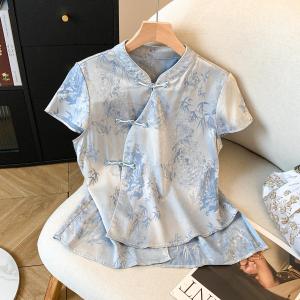 Áo Sơ Mi Hè Kiểu Dáng Trung Quốc Retro Đính Nút Ôm Body