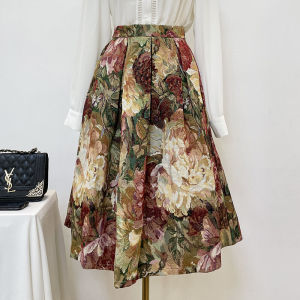 High Waist Pleated Midi Skirt Vintage Oil Painting Print Full Flounce A-Line Skirt Womens Autumn 2024 Commute Style Long Skirt