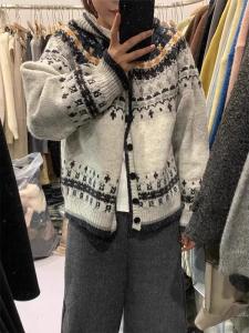 Nordic Style Christmas Theme Fair Isle Knitted Sweater Womens Autumn Winter Vintage Lazy Soft Casual Hooded Sweater Coat