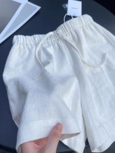 White Cotton Linen Wide Leg Short Pants Womens Summer Korean Style Elastic Waist Drawstring Hot Pants Small Size Linen A-Line Five-Quarter Pants