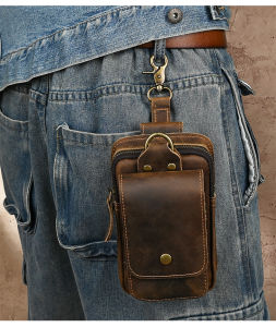 กระเป๋าคาดเอวแบบสะพายข้างหนังวัวชั้นบนสไตล์ย้อนยุคสำหรับผู้ชาย กระเป๋าใส่โทรศัพท์มือถือแบบใช้เข็มขัดแบบอเนกประสงค์