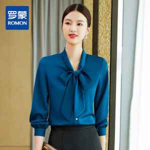 Romon Womens Long Sleeve Shirt Comfortable Lightweight Fashion Butterfly Knot Commute Versatile Elegant Solid Color Blouse