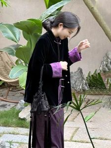 HARSIDE Silk Velvet Cotton Jacket Traditional Chinese Style Button up Long Sleeve Womens Fashion Outerwear Winter Coat